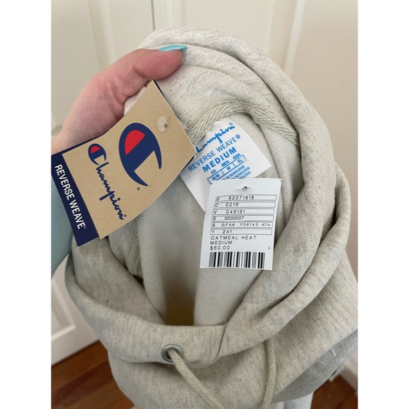 Champion Reverse Weave Hoodie Sweatshirt Oatmeal Heather Cream Gray Medium NEW - Picture 4 of 4
